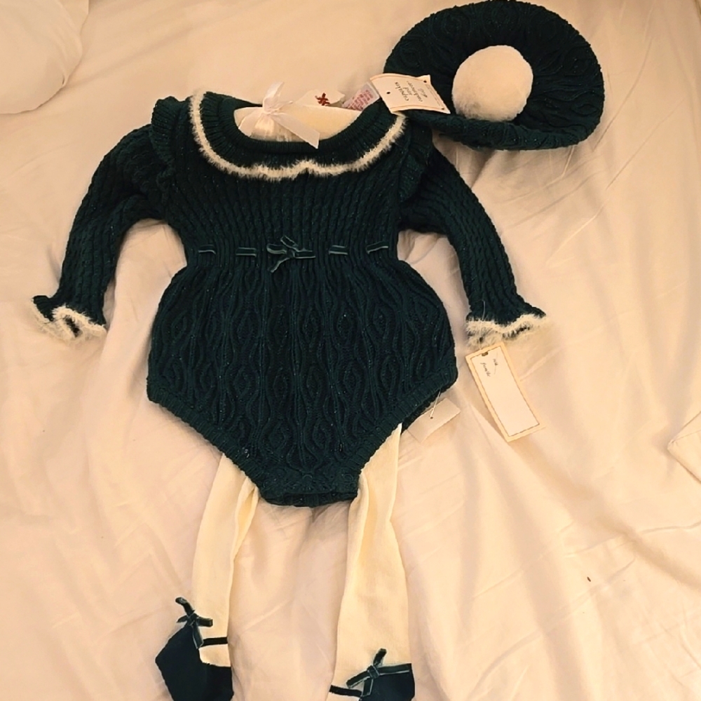 Elegant Green Knit Baby Romper with Hat
